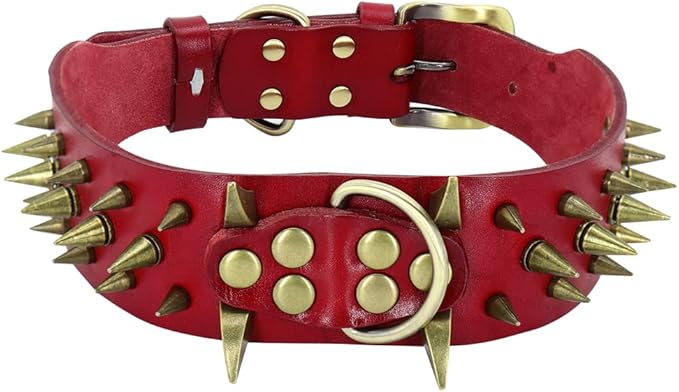 Spiked Studded Leather Dog Collars Wide Sharp Pitbull Big Dog Collar Adjustable for Medium Large Dogs Boxer Bulldog Red L XL