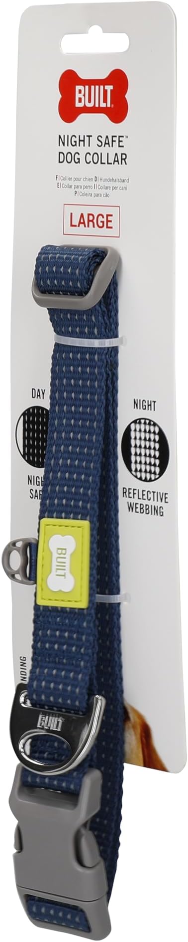 BUILT PET NightSafe Reflective Adjustable Dog Collar, Helps You See Animals in The Dark, High Visibility Evening & Winter Dog Walking Safety Collar with Light Reflecting Trim, Large, 46 – 66cm, Blue
