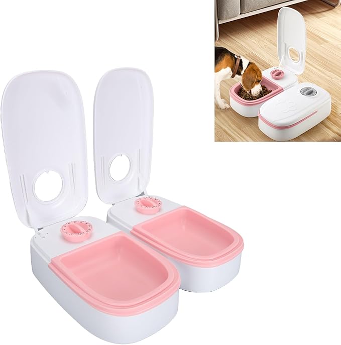 Double Meals Automatic Pet Feeder, Smart Timed, 350ml per Bowl, ABS Material, Ice Pack Space, Removable Design, Anti Slip Pads, for Cats Small Medium Dogs, (Pink)