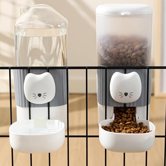 2Pieces Auto Dog Feeder with Cartoon Face, Hanging Mount Food Water Bowl, Easy Maintenance for Kittens & Puppies Cartoon Cats Face Dog Automatic for Busy Owner