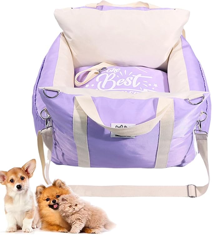 Cat Dog Pet Car Mat, Car Seat for Small Dogs, Detachable Washable Dog Booster Seat, Pet Car Seat Travel Bed, with Storage Pockets and Dog Safety Belt for Small Medium Dog Purple