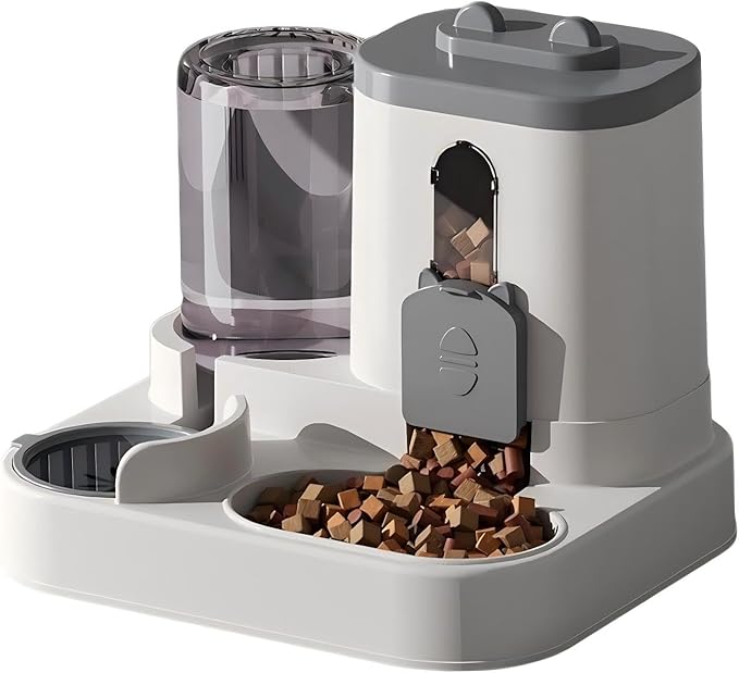 Automatic Pet Feeder and Water Dispenser, 2-in-1 Food and Water Station, Beige, Gravity Fed with Storage Container (Gray)