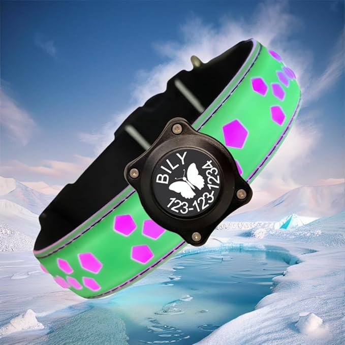 customerlized Personalized Dog Collar USB Rechargeable, Waterproof airtag Holder LED Light Up Dog Collar Adjustable Soft Silicone Collar for Medium Large Dogs (Green, S(7.87-11.8"))