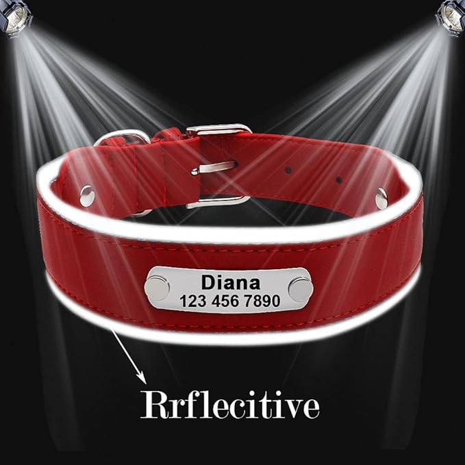 Reflective Large Dog Collar Leather Personalized Pet Dog Collars coleira para cachorro for Big Pit Bull Dogs German Shepherd Red M