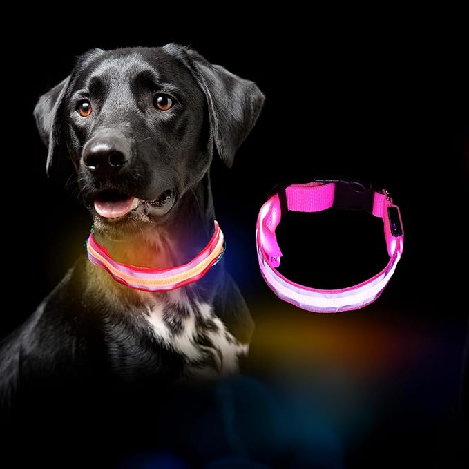 MANON ROSA LED Dog Collar USB Rechargeable Light Up Dog Collar Adjustable Nylon Soft Mesh Safety Glowing Collar for Small Medium Large Pet Dogs Cats-Nighttime Accessories (Pink,X-Large)