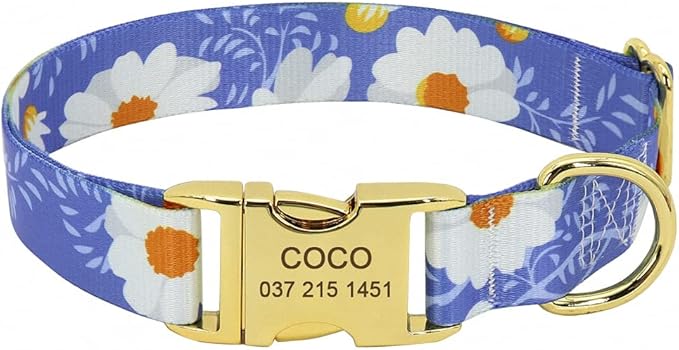 Fashion Custom Dog Collar Personalized Pet Collars Nylon Flower Print Dog ID Collars Engraved Name for Small Medium Large Dog Blue S