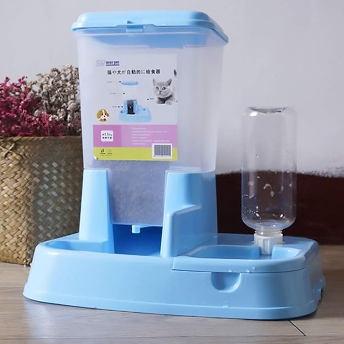 feeders Creative Automatic Pet Feeder Cat and Dog Automatic Feeding Device Drinking Water Feeding Dualuse Automatic Drinking Fountain (Color: Blue)