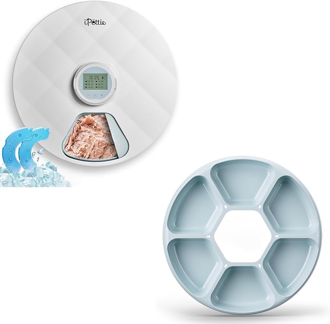 Brioche Automatic Wet Food Feeder for Pets - True 6-Meal Cordless Fresh Can Dispenser with Two Ice Packs, Perfect for Newborn Senior Cats and Small Dogs, with Extra Replacement BPA-Free ABS Food Tray