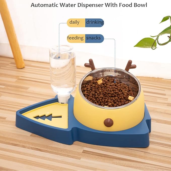 2-in-1 Double Dog Cat Bowls, Pet Water and Food Bowl Set, 320ml Automatic Water Dispenser Detachable Stainless Steel Bowl No-Spill Dog Waterer, Pet Feeder Auto Pets Waterer for Cat and Small Dog