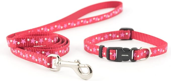 Ancol Small Bite Stars Collar and Lead Set Red Adjustable Design for Puppies and Small Dogs - 1m Lead with Soft Webbing - 20-30cm