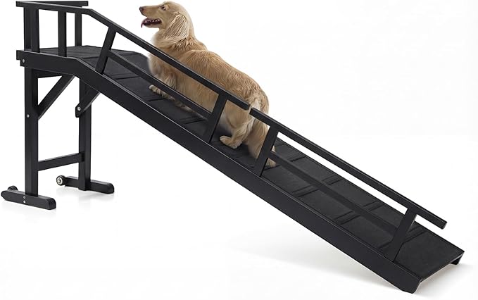 Dog Ramp for Bed or Couch, Wooden Pet Ramp with 20° Gentle Slope, Removable Side Rails, Non-Slip Surface, Top Platform & Wheels, Safe Bed Ramp for Small, Medium & Senior Dogs, 74" Long, Black