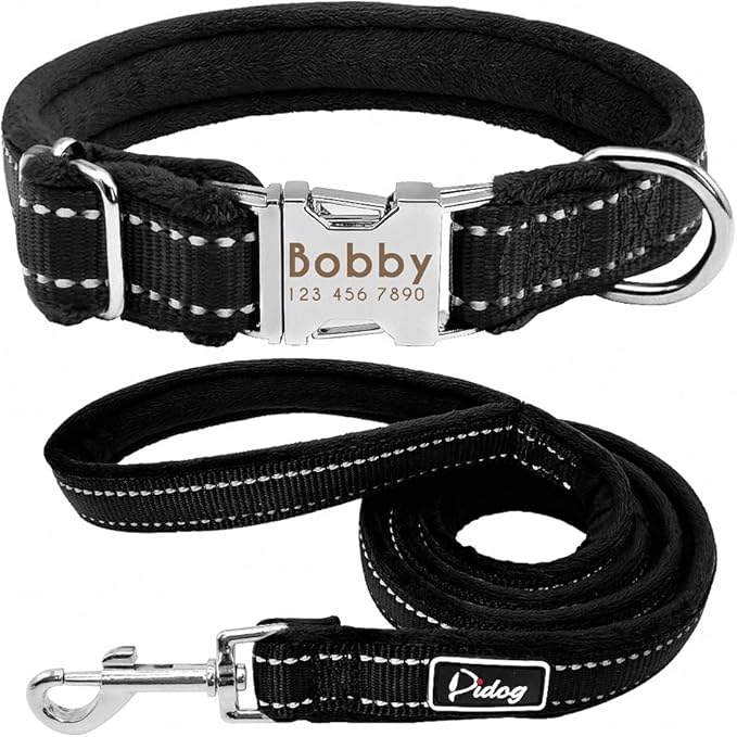 Dog Collar Leash Set Personalized Soft Reflective Dogs Collars Lead Padded for Small Medium Large Dogs French Bulldog Pitbull Black S