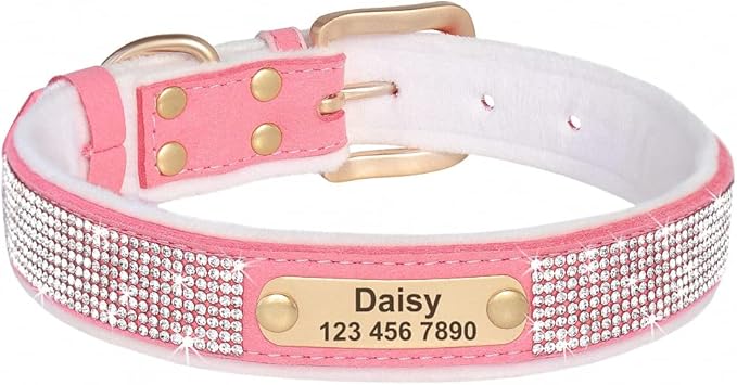 Personalized Dog Collar Crystal Rhinestone Dog Collars Anti-Lost Soft Padded ID Collar Free Engraved for Small Medium Large Dogs Pink XL