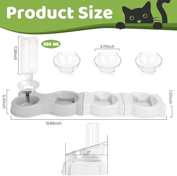 Yummy Sam Raised Four Cat Dishes for Food and Water, 15° Tilted 4 in 1 Small Pet Feeding Bowls Set with Automatic Water Bottle and Triple Food Bowls, Pet Feeder for Small Medium Pets Dog Puppy Cats