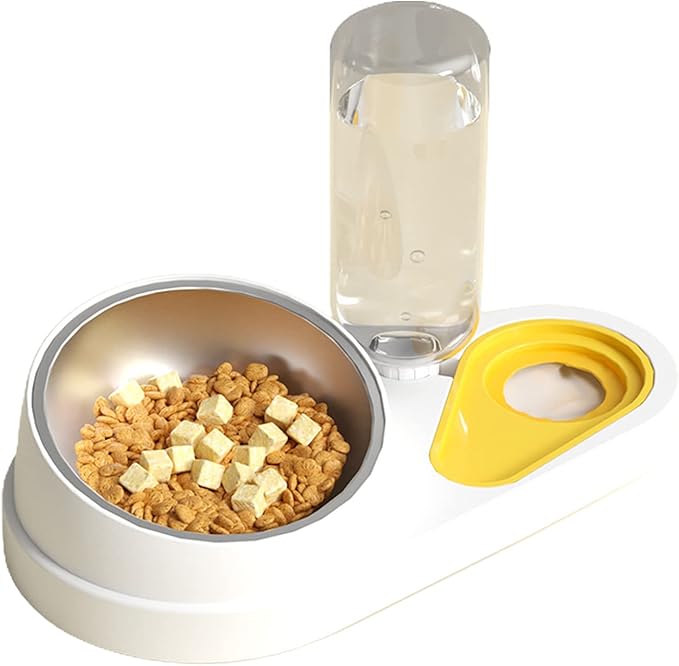 White Food Grade PP Stainless Steel Pet Automatic Feeder Set Dog Food Bowl Waterer Slanted Raised Bowl Gravity Re-Fill Water Dispenser