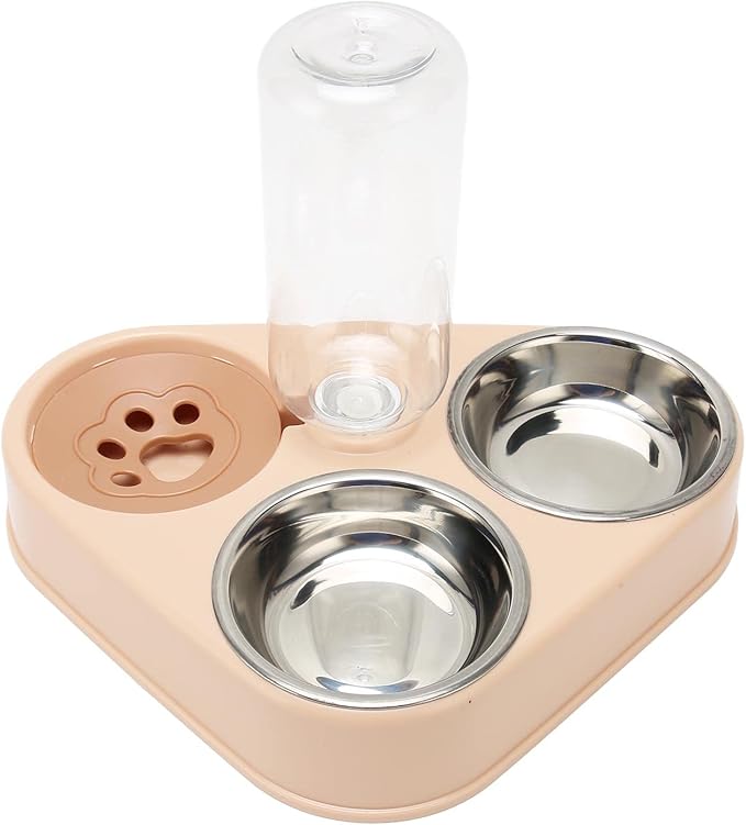 Triple Cat Bowl, Pet Water and Food Bowl Set, Prevent Spill Automatic Water Dispenser Bottle, Detachable Stainless Steel Pet Feeder for Cat, Dog, Puppy, Rabbit, Bunny