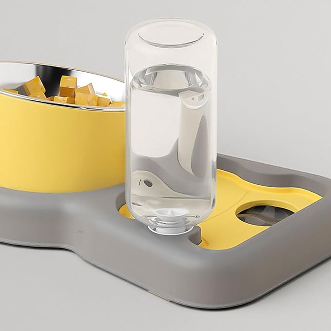 Water and Food Bowl Set, 500ml 2 in 1 Dog Avoid Overturning Automatic Cat Feeder Pet Water Dispenser Double Cat Bowls for Dogs Cats (Yellow 500ml)