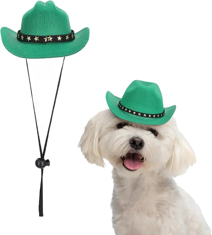 Dog Cowboy Hat, Mini Cowboy Hat for Pet with Chin Strap Adjustable Cosplay Cap, (Green, S), Intended for Dogs and Cats/Halloween Costume/Party Decoration