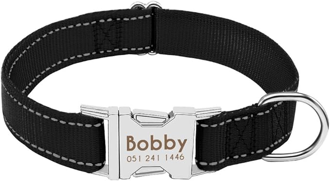 Personalized Dog Collar Durable Nylon Reflective Collar Custom Pet Dogs Collars for Small Medium Large Dogs Black M