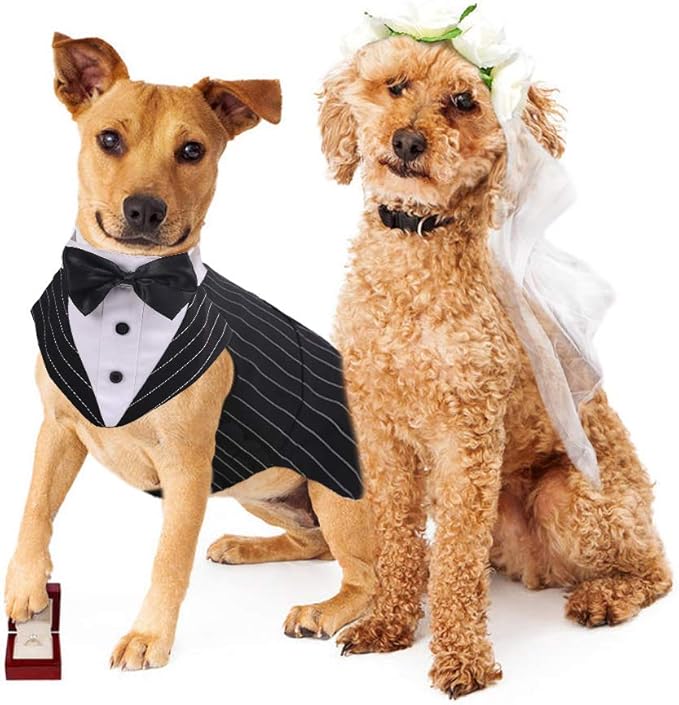 PUMYPOREITY Dog Tuxedo and Bandana Set, Formal Gentleman Dog Attire with Bowtie for Wedding, Birthday, Christmas, 2XL Stripe