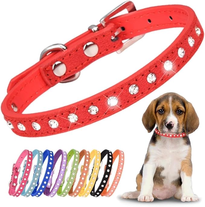 Serijoars Puppy Dog Collar with Crystal Diamond Colorful Bling Girl Puppy Small Dog Cat Collars (XS, Red)