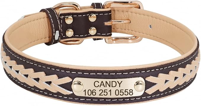 Personalized Braided Dog Collar Custom PU Leather Dog Collars Padded Pet ID Collar for Small Medium Large Dogs Pitbull Bulldog Yellow L
