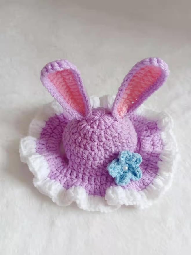 QWINEE 3D Ear Design Knit Cute Dog Hat Soft Cat Hat Rabbit Hat Halloween Christmas Party Costume Head Wear Accessories for Puppy Cat Kitten Small Dogs Small Animals Purple M