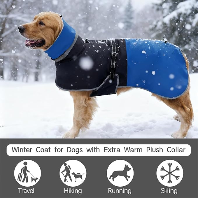 Waterproof Dog Winter Coat, Reflective Turtleneck Fleece Jacket with Snow Protection for Large Dogs, Cold Weather Pet Clothing (Blue, 2XL)