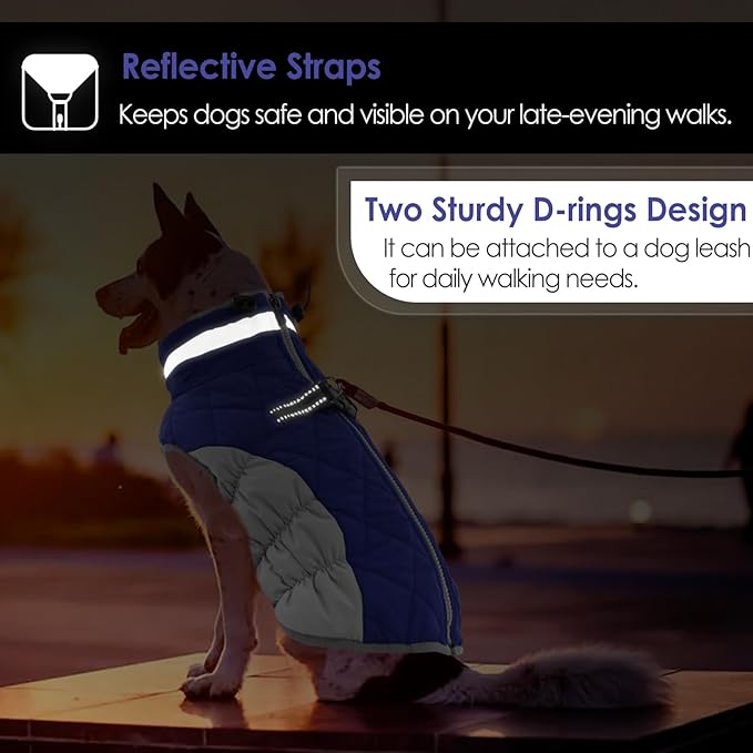 AOFITEE Dog Coat, Warm Dog Winter Coat for Large Dogs, Reflective Turtleneck Dogs Jacket with Harness Built in, Waterproof Windproof Pet Puffer Jacket Fleece Vest for Cold Weather, Blue XXXL