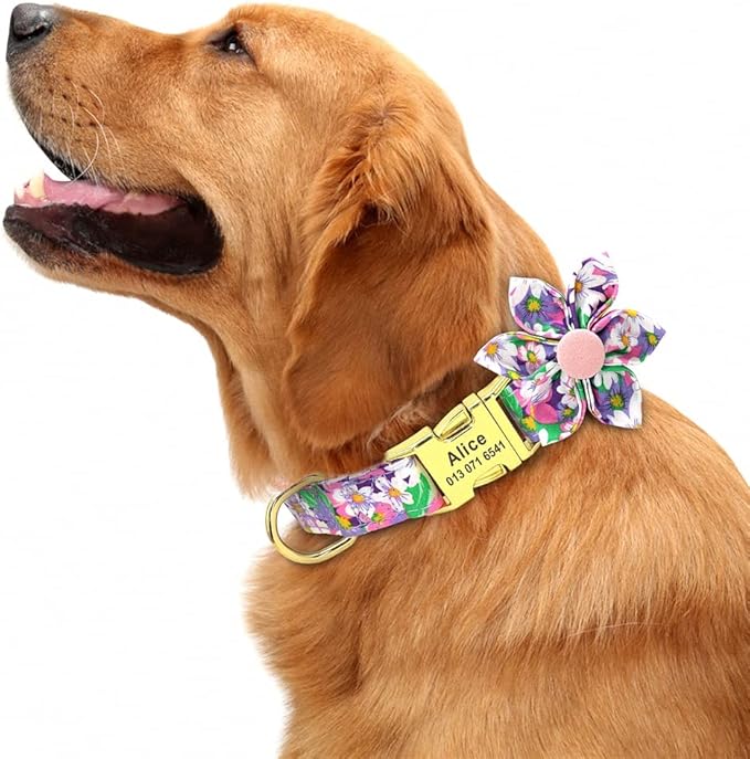 Custom Flower Dog Collar Nylon Floral Printed Pet Dog Collars Personalized Puppy Collar for Small Medium Large Dogs Cat Pitbull 157 Purple L