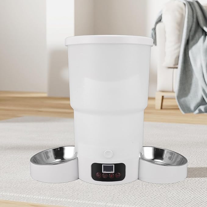 Automatic Pet Feeder, Intelligent Timing Control, 5L Dual Bowl Stainless Steel Food Dispenser with Emergency Power System, Freshness Container Visible Design Easy Cleaning, 6 Meals
