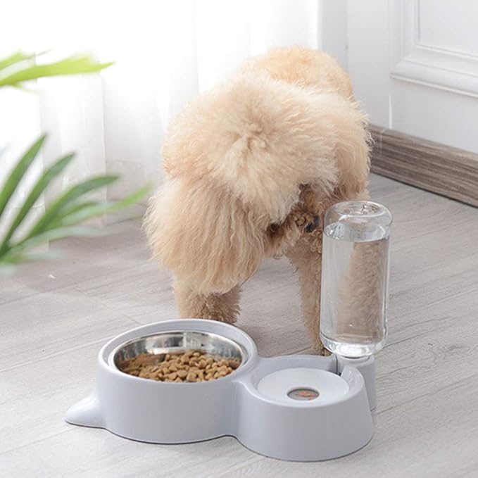 Baluue Pet Dual Water Food Feeder for Cats and Dogs Automatic Drinking Bowl Smooth Convenient Grey Color for Home Decor