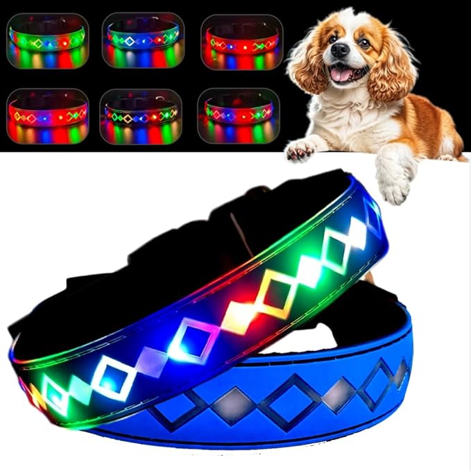 LED Dog Collar, 15 Light Modes, USB-C Rechargeable, Adjustable Silicone, Multiple Colors (Blue Pro, XL(19.7-23.6"))