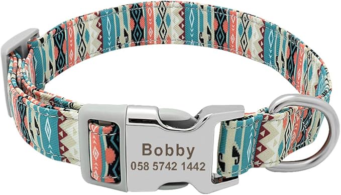 Custom Dog Collar Nylon Floral Engraved Pet Puppy Collar Print Personalized Name Collars for Small Medium Large Dogs Pitbull Green 2 L