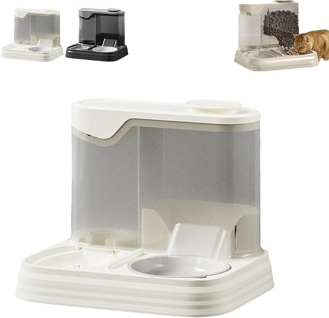 Pet Feeder and Water Dispenser Set, 2 in 1 Cat Food and Water Bowl Set - Large Capacity Automatic Dog Feeder with Water Dispenser for Puppy, Medium Dogs & Cats (White)
