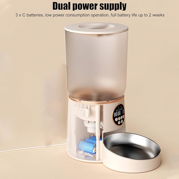 Automatic Pet Feeders, 5L Dual Power Support Smart Timing ABS Cat Dog Food Dispenser with Stainless Steel Bowl (Button