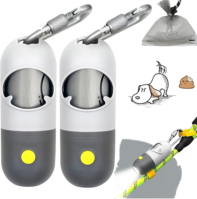 Dog Poop Bag Dispenser with Flashlight|Holder with Leash Clip|Hands-Free Leash Poop Bag Holder with Straps and 1 Roll Dog Waste Bags (Light Gray)(2 Pack)