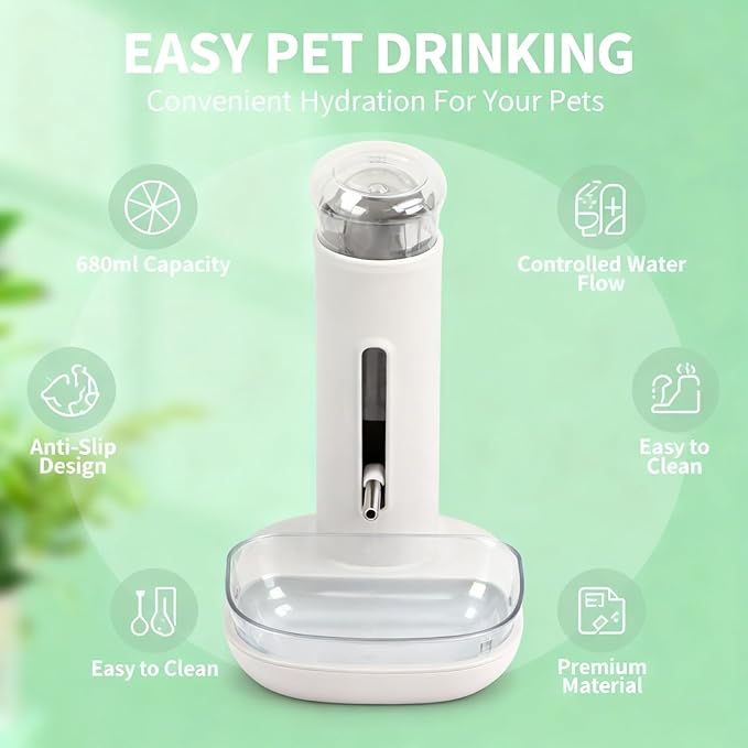 Dog Standing Water Dispenser Bowl 680ml, Automatic Pet Drinking Feeder, Adjustable Height - Non Materials, Anti Slip Design, Easy to Clean for Dogs and Cats