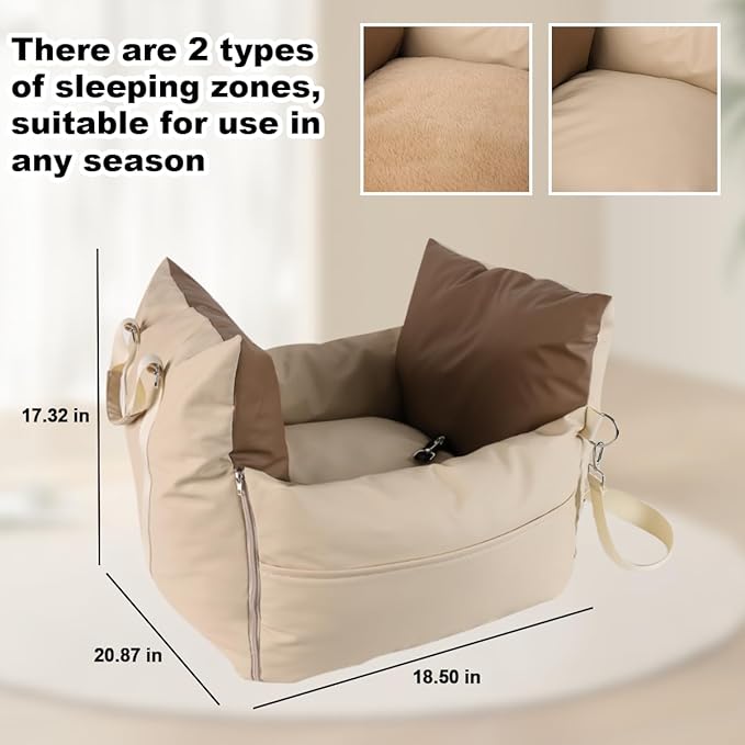 PU Leather Small Dog Car Seats for Small Dogs, Waterproof Dog Booster Car Seat with Storage Pockets and Stretchable Dog Seat Belt, Anti-Scratch Soft Leather Puppy Car Seat for Travel and Home, Beige
