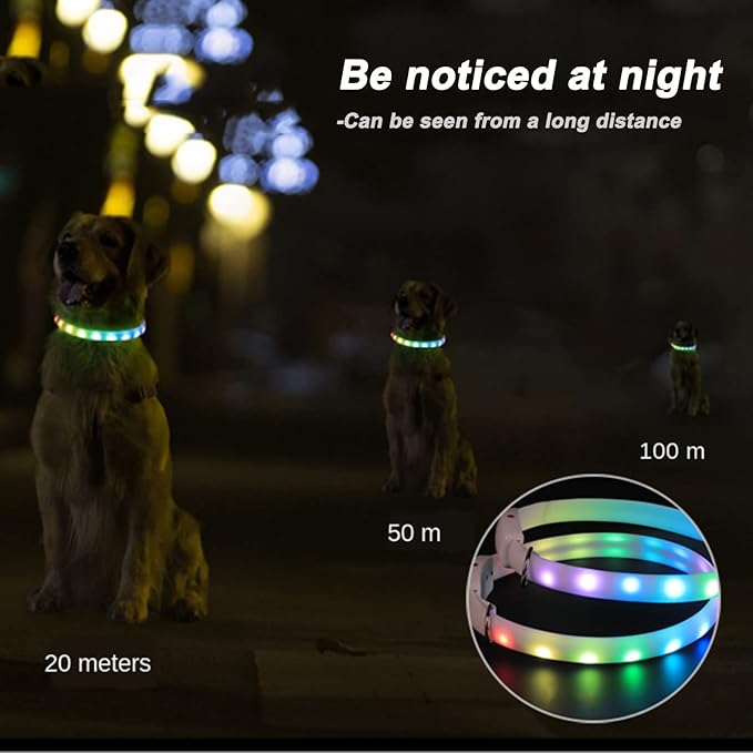 Dog Led Collar USB Rechargeable, Multicolored Lighted Dog Collar Band Flashing, Dog Collar Lights Up Night Walking for Small Medium Large Dog