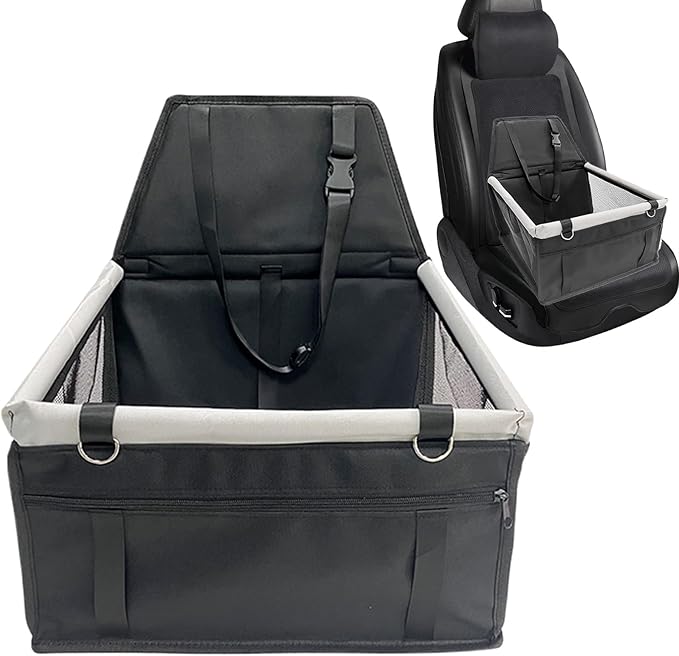 Waterproof Carrier Bed - Puppy Travel Seat, Dog Car Booster | Adjustable Buckle Harness Crate, Storage Pocket Basket, Removable Cushion with Driving Scenario