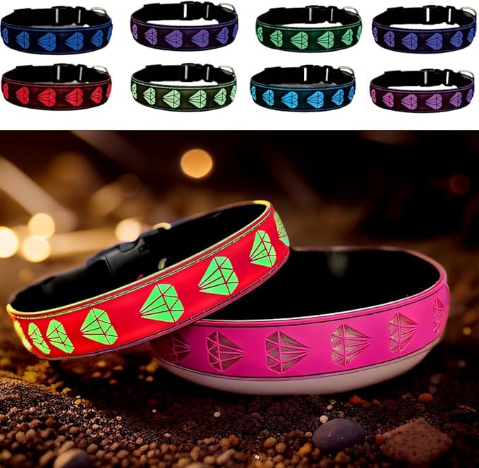 LED Dog Collar with Diamond Pattern, 15 Light Modes, with Bonus Pet ID Tag and Bell (Pink, XL(19.7-23.6"))