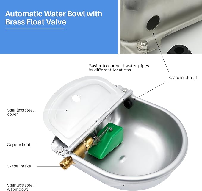 Automatic Dog Water Bowl Dispenser, Large Breed, Outdoor, Stainless Steel, Auto Fill, Pet Waterer, Drinking Trough for Dogs, Horse, Goat, Chicken, Pig, Cattle, 0.66 Gallon Capacity