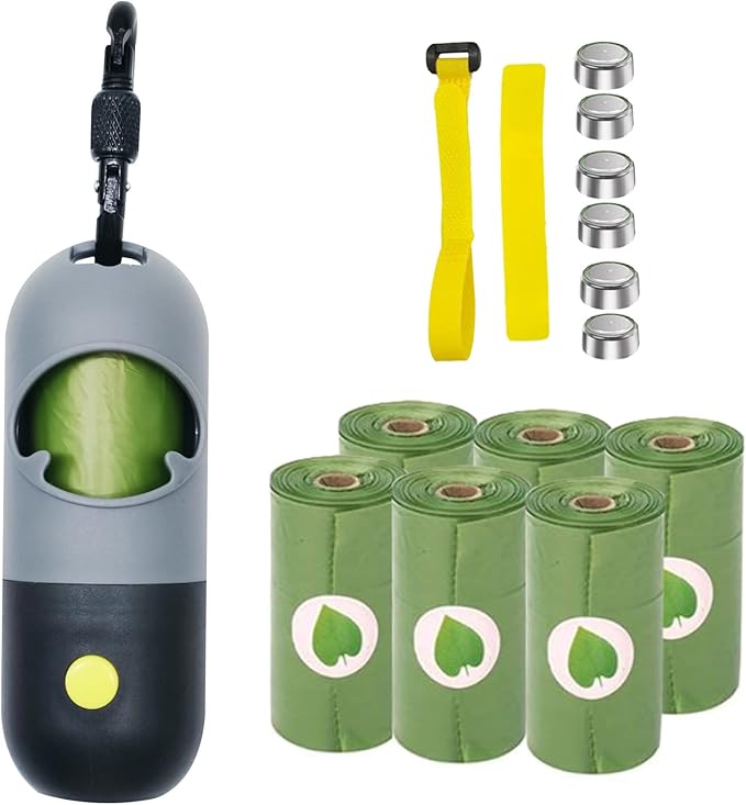 Dog Poop Bag Dispenser with LED Flashlight Poop Bags Holder with 7 Rolls Green Dog Waste BagsPet Garbage Bags Carrier with Carabiner 2 Hook&Loop Fastener 9 LR44 (Grey)