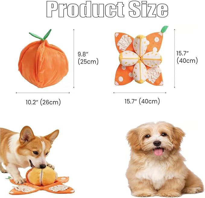 Orange Plush Dog Toy, 3 in 1 Interactive Puzzle Snuffle Toys with Hidden Pockets for Small Medium Dogs, Nose Work Pet Puzzle Toy for Boredom