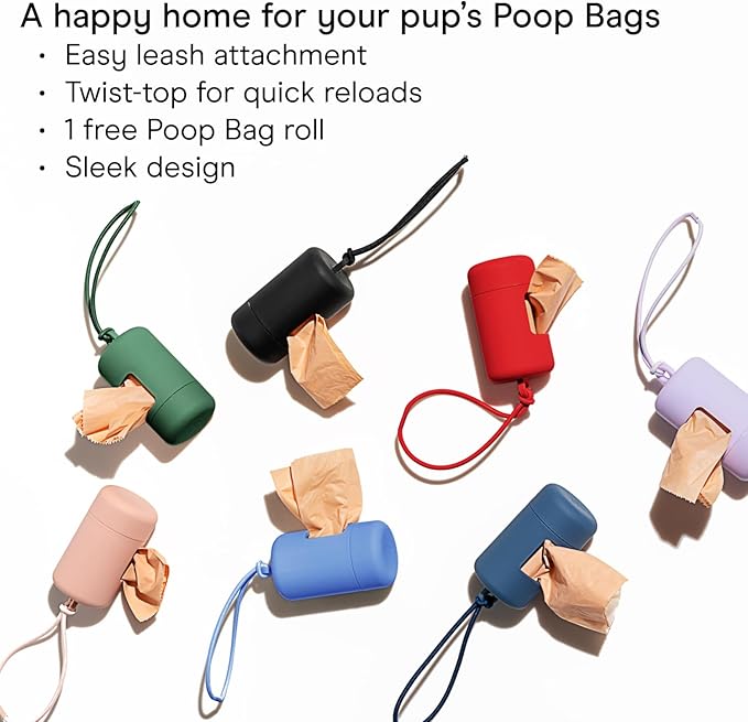 Wild One Dog Poop Bag Holder and Dispenser with Leash Attachment, Leak Proof, Easy Twist Top for Refills, Includes 1 Roll Bags, Black