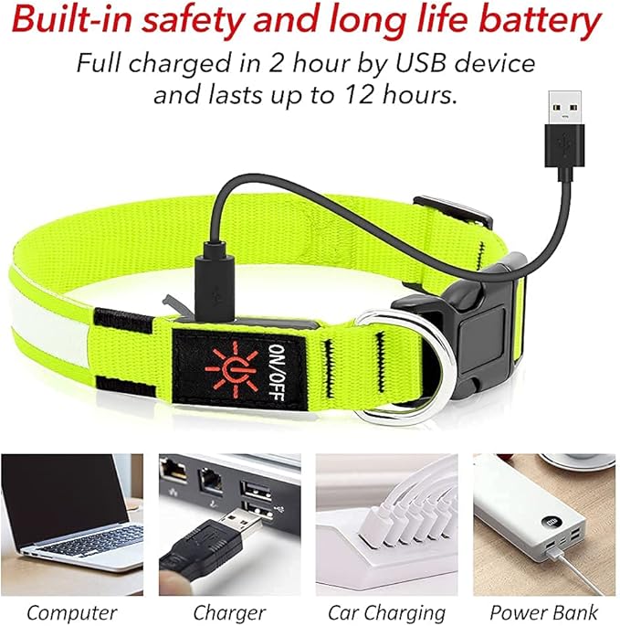 BSEEN Reflective LED Dog Collar - Light Up Dog Collars for Safe Walking at Night - Super Bright Lighted Puppy Collar - Rechargeable for Dogs (Neon Green, X-Large)
