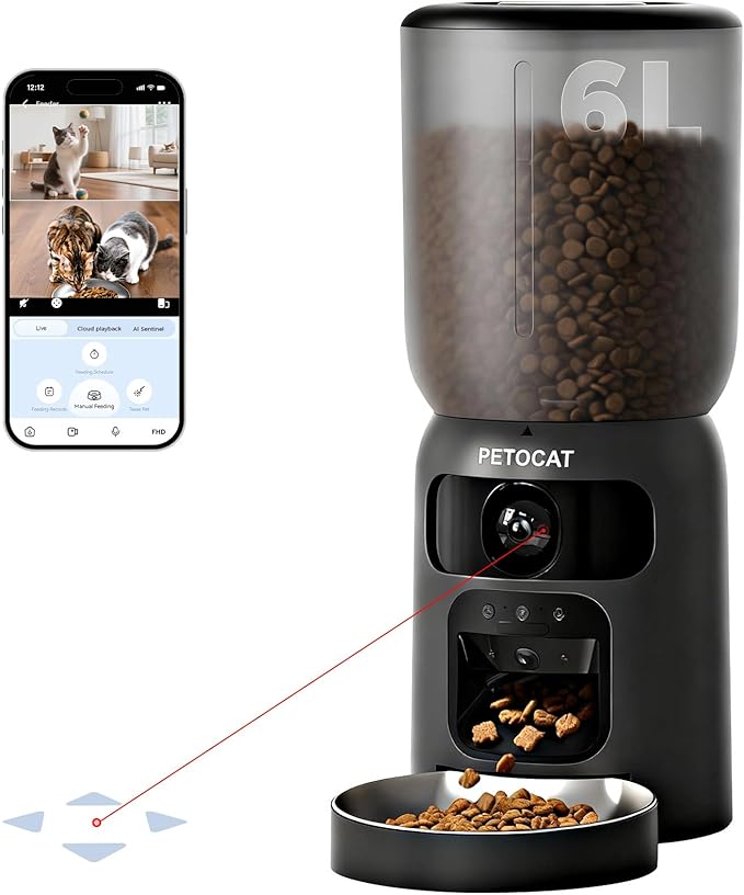 5L Automatic Cat Feeder with Dual 2K HD Camera, 2.4G / 5G WiFi Cat Food Dispenser with Cats Recognition& Diet Tracking, Laser Interactive Toy & Two-Way Audio