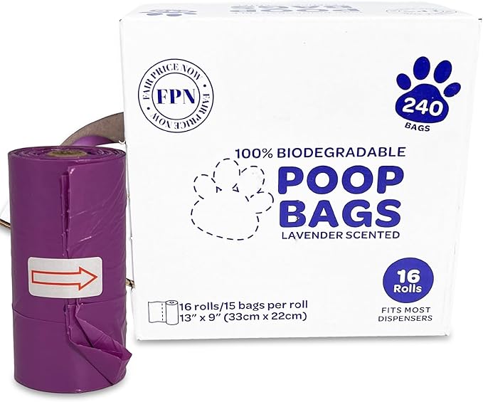 FPN Dog Poop Bags – 16 Rolls - 240 Bags, 13″ x 9″, Fits Most Dispensers – Biodegradable, Leak-Resistant & Earth-Friendly Pet Waste Bags (Lavender)