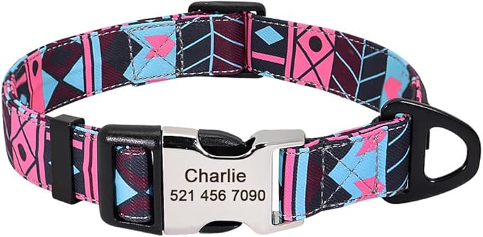 Personalized Dog Collar Nylon Print Dog Collars Customized Puppy Pet Collar Engraved Name ID for Small Medium Large Big Dogs Pug 160 Rose S